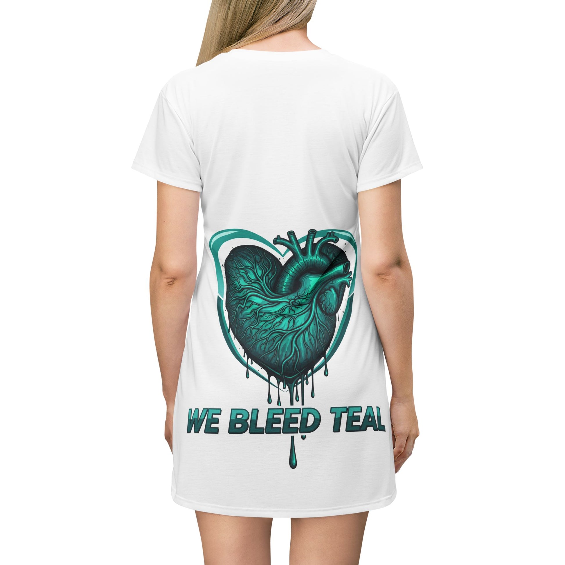 Teal Heart T-Shirt Dress, Casual Summer Dress, Gifts for Teal Lovers, Bleed Teal Apparel, Trendy Soft Dress, Perfect for Birthdays