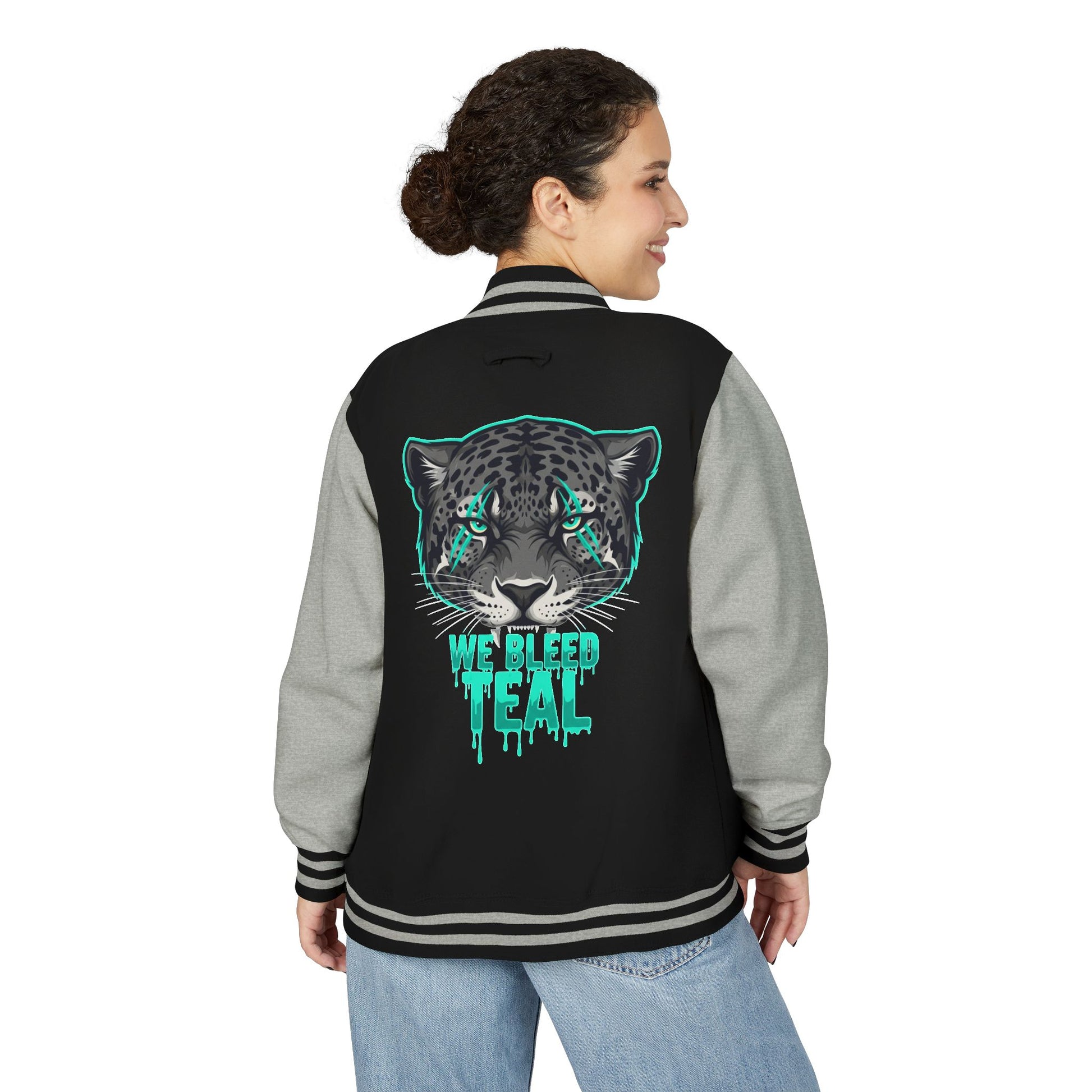 Teal Cheetah Letterman Jacket, Unisex Varsity Jacket, Stylish College Apparel, Gift for Sports Fans, Trendy Streetwear, Casual Fashion