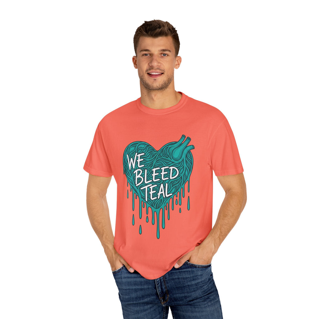 Teal Heart Awareness T-Shirt, Supportive Gift for Friends, Unisex Casual Tee, Perfect for Awareness Events, WE BLEED TEAL Design Printify
