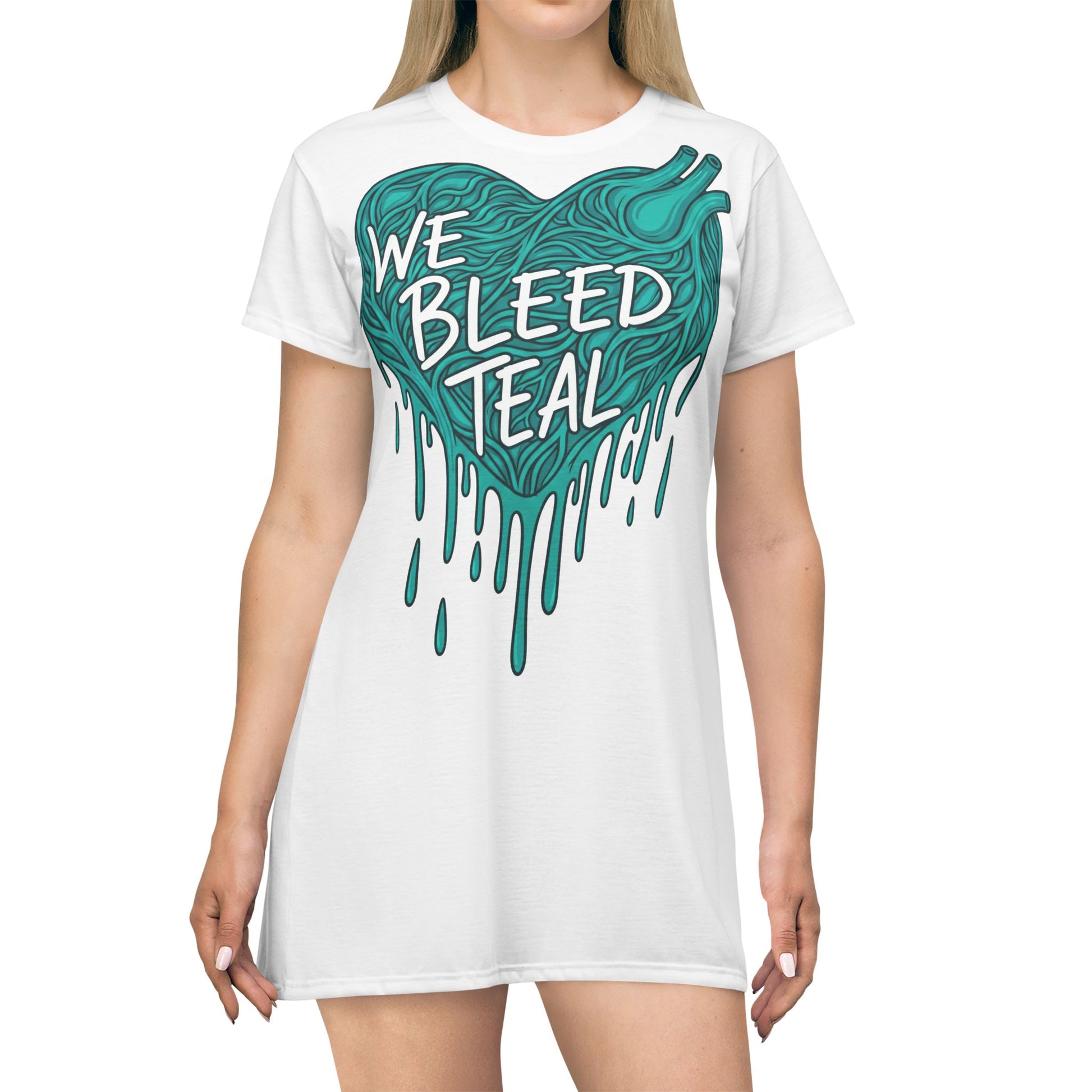 Teal Heart T-Shirt Dress | We Bleed Teal | Casual Summer Dress, Comfortable Everyday Wear, Heart Awareness Fashion, Gift for Teal Supporters