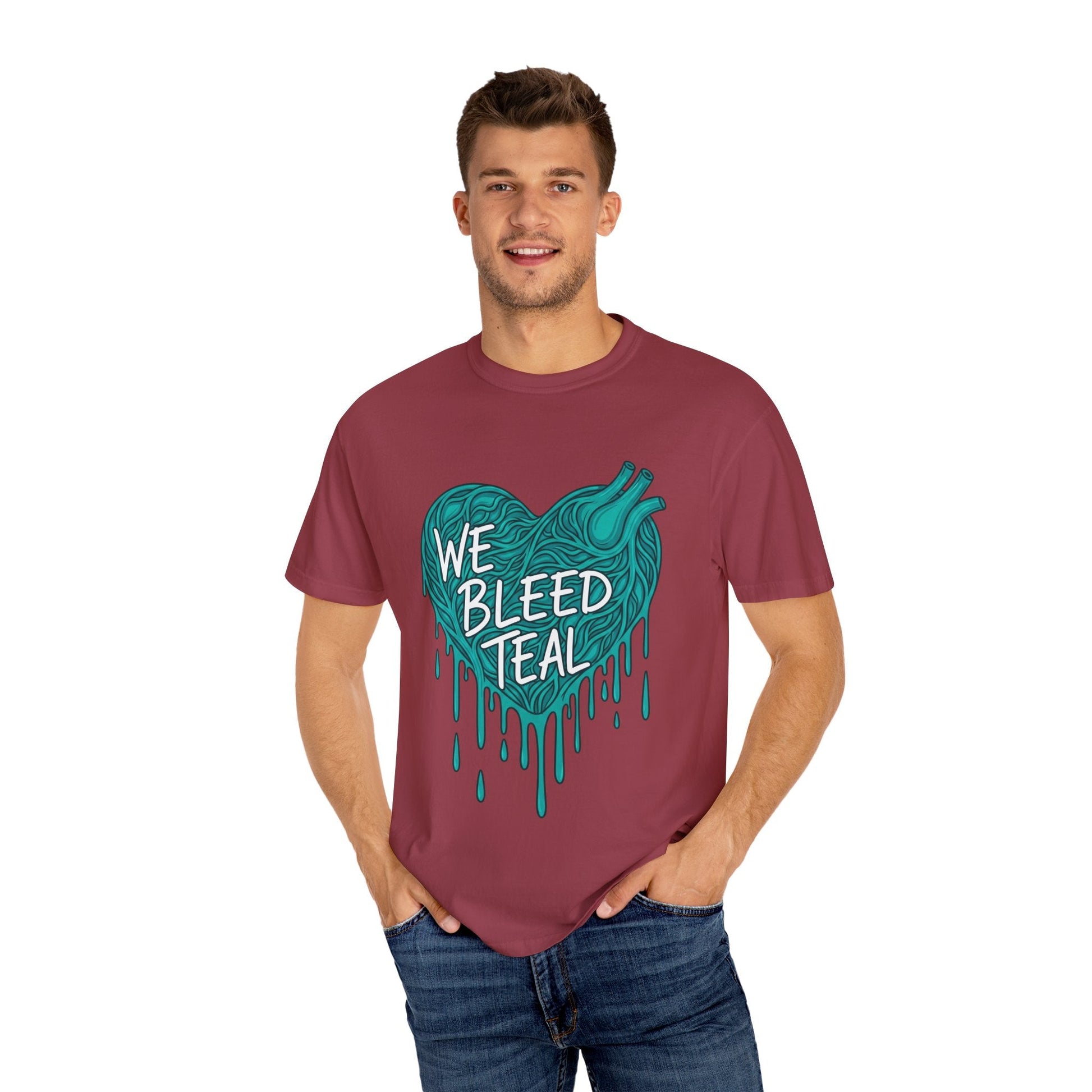 Teal Heart Awareness T-Shirt, Supportive Gift for Friends, Unisex Casual Tee, Perfect for Awareness Events, WE BLEED TEAL Design Printify