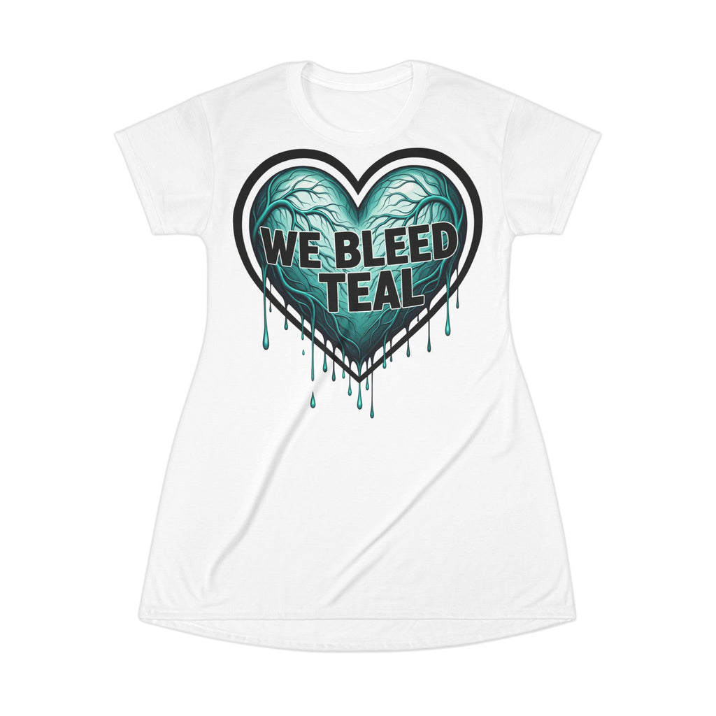 Teal Heart Graphic T-Shirt Dress, Casual Summer Dress, Heart Awareness Dress, Gift for Teal Lovers, Unique AOP Fashion