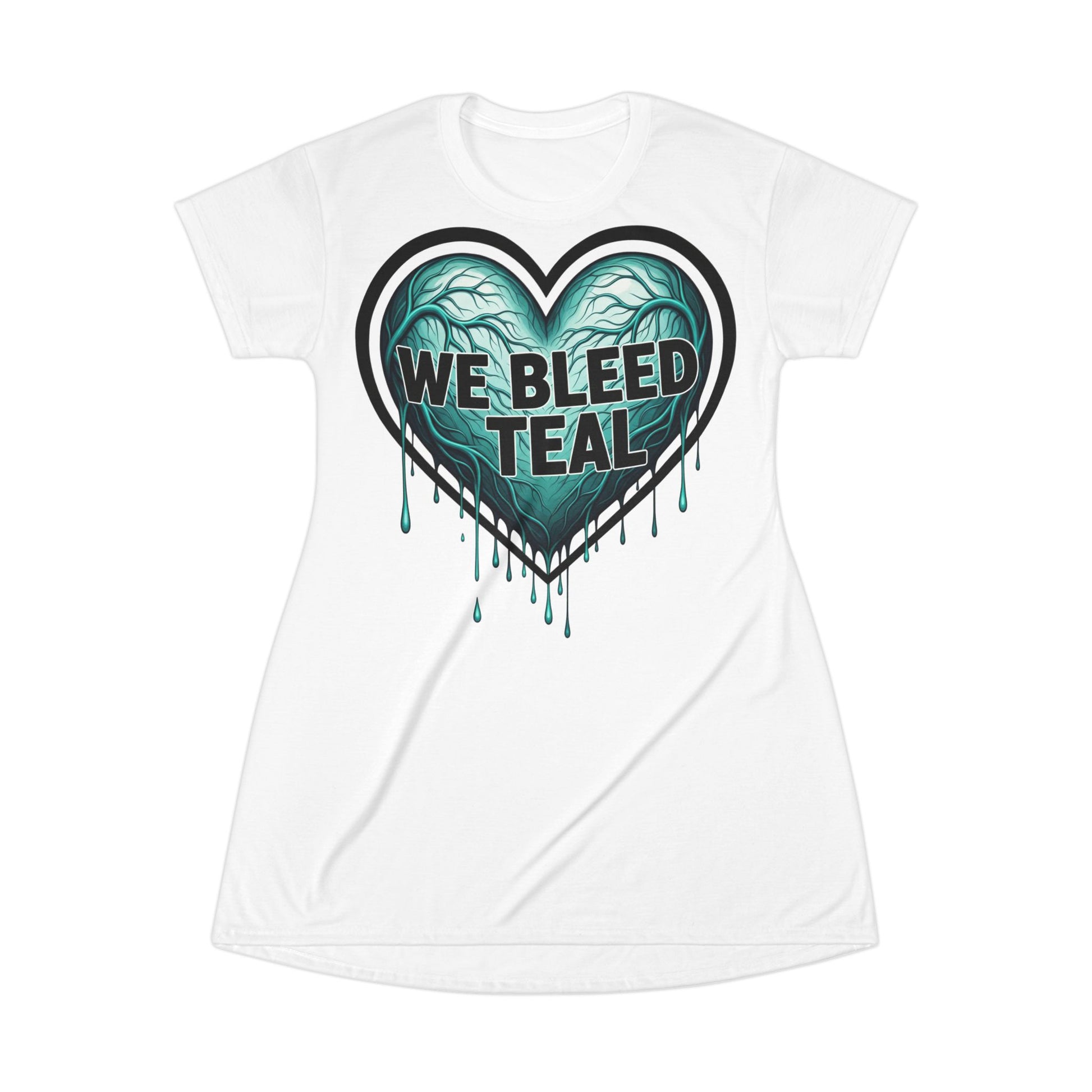 Teal Heart Graphic T-Shirt Dress, Casual Summer Dress, Heart Awareness Dress, Gift for Teal Lovers, Unique AOP Fashion