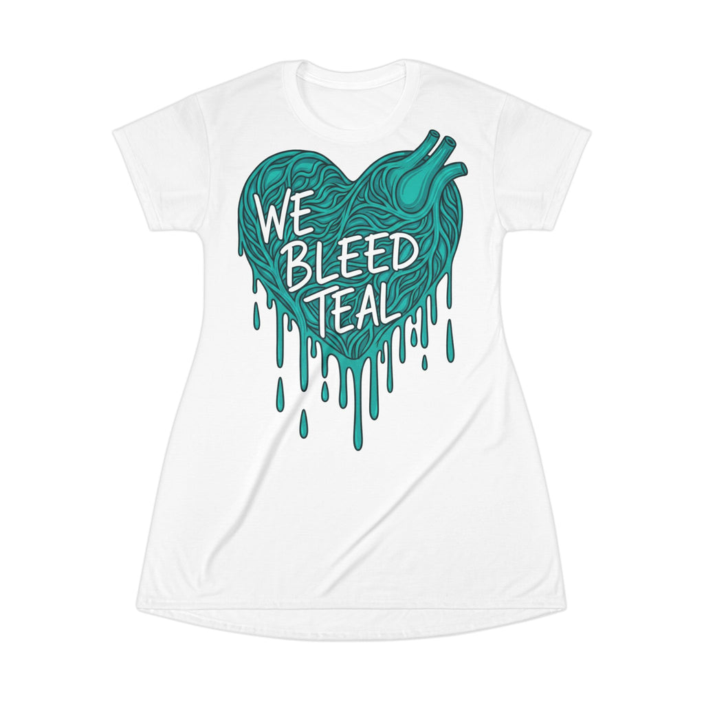 Teal Heart T-Shirt Dress | We Bleed Teal | Casual Summer Dress, Comfortable Everyday Wear, Heart Awareness Fashion, Gift for Teal Supporters