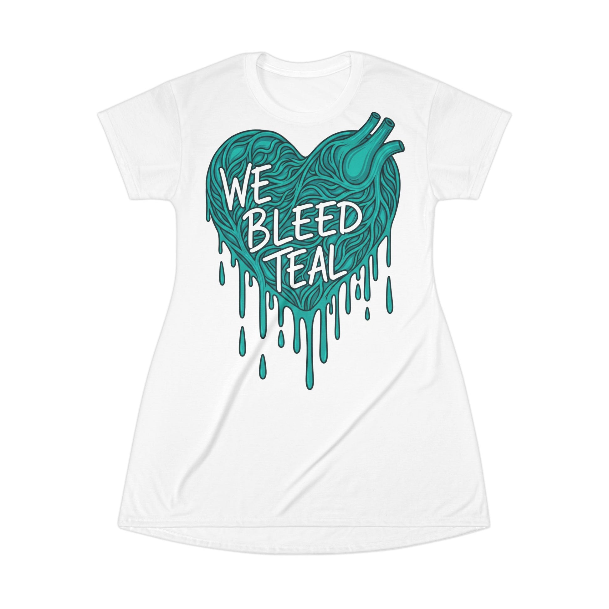 Teal Heart T-Shirt Dress | We Bleed Teal | Casual Summer Dress, Comfortable Everyday Wear, Heart Awareness Fashion, Gift for Teal Supporters
