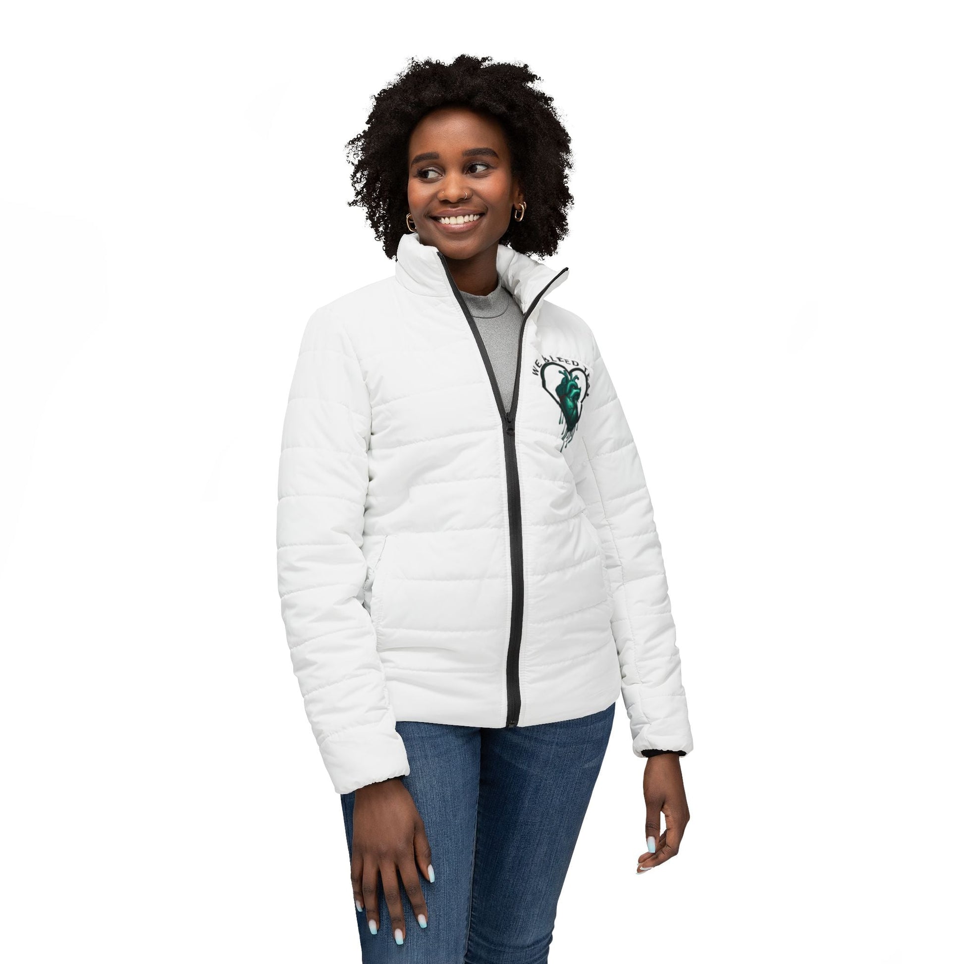Stylish Women’s Puffer Jacket: We Bleed Teal, Cozy Outerwear, Winter Jacket, Fashion Outerwear, Gift for Her Printify