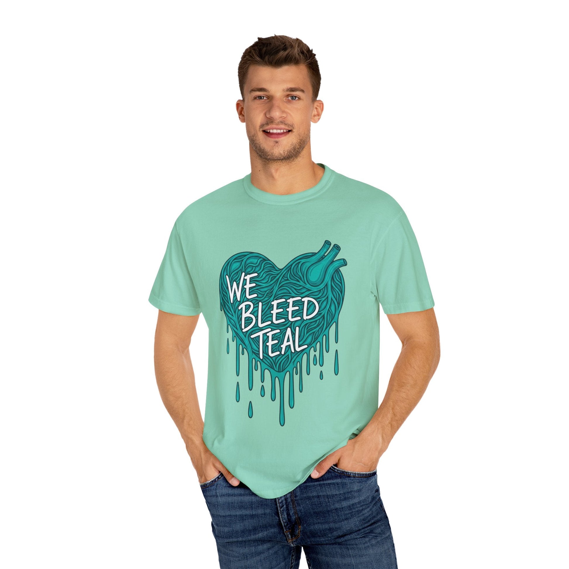 Teal Heart Awareness T-Shirt, Supportive Gift for Friends, Unisex Casual Tee, Perfect for Awareness Events, WE BLEED TEAL Design Printify