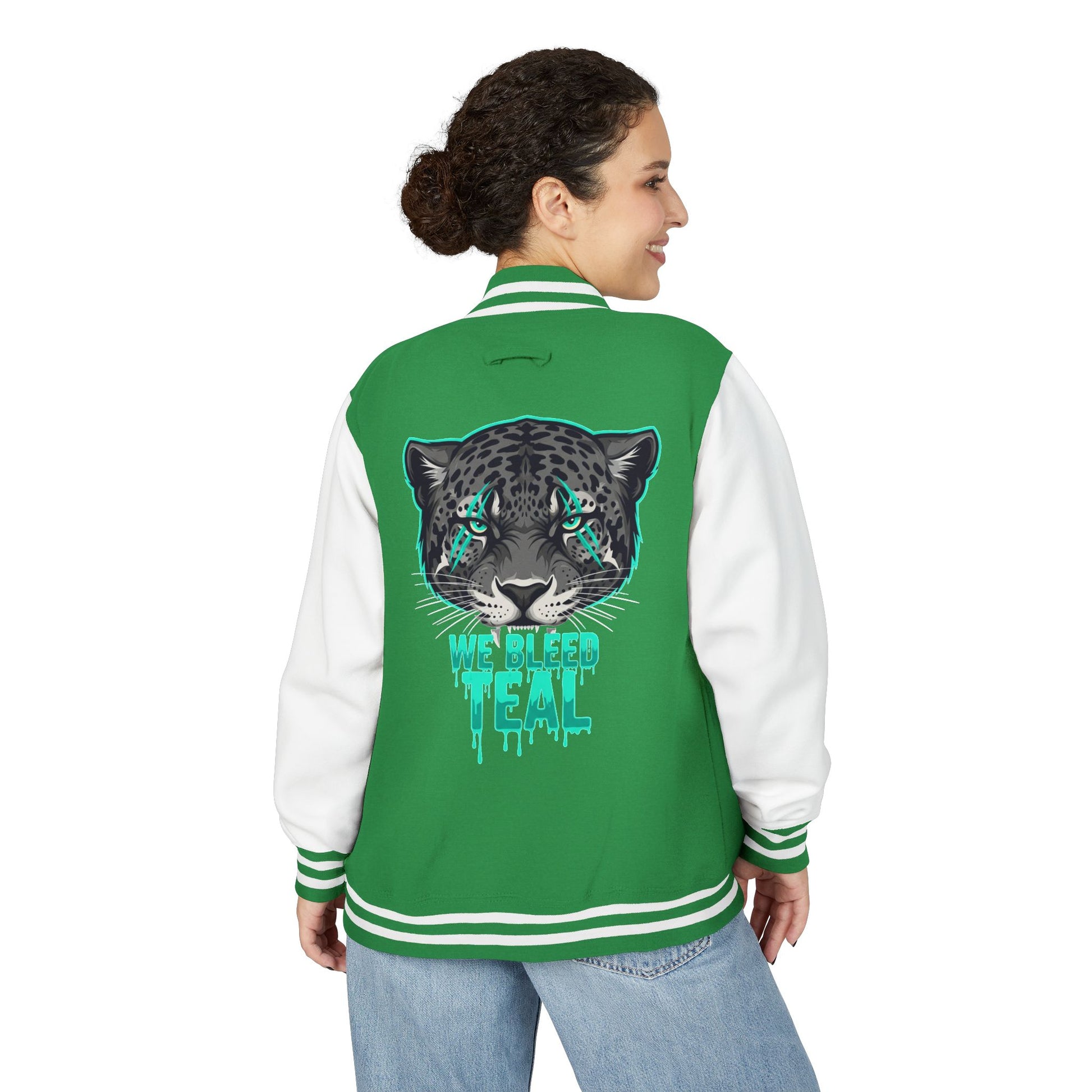 Teal Cheetah Letterman Jacket, Unisex Varsity Jacket, Stylish College Apparel, Gift for Sports Fans, Trendy Streetwear, Casual Fashion