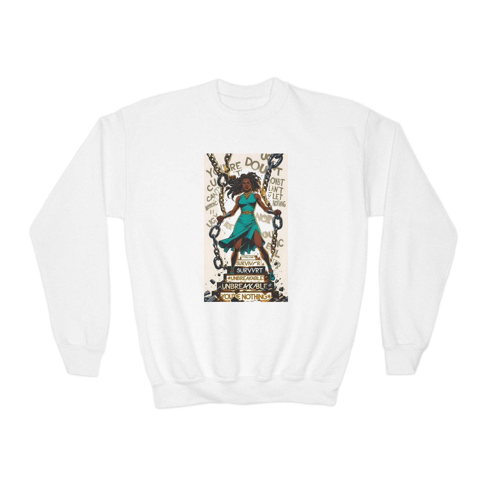 Empowering Youth Crewneck Sweatshirt, Unbreakable Sweatshirt, Inspirational Kids Apparel, Motivational Gift for Teens, Customizable [...] Printify