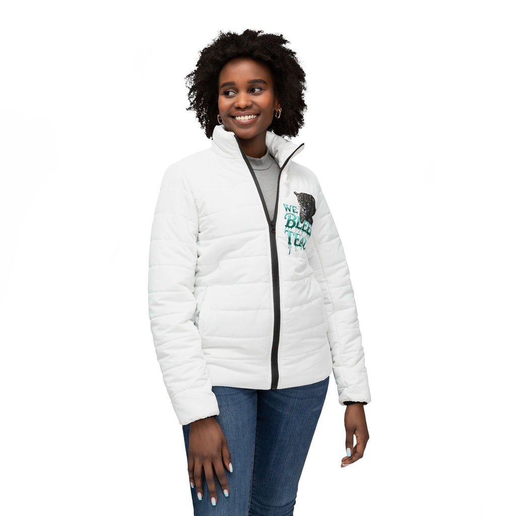 Teal Panther Puffer Jacket, Trendy Women's Outerwear, Perfect for Fall, Sports Fan Gear, Unique Gift for Her, Stylish Casual Wear Printify