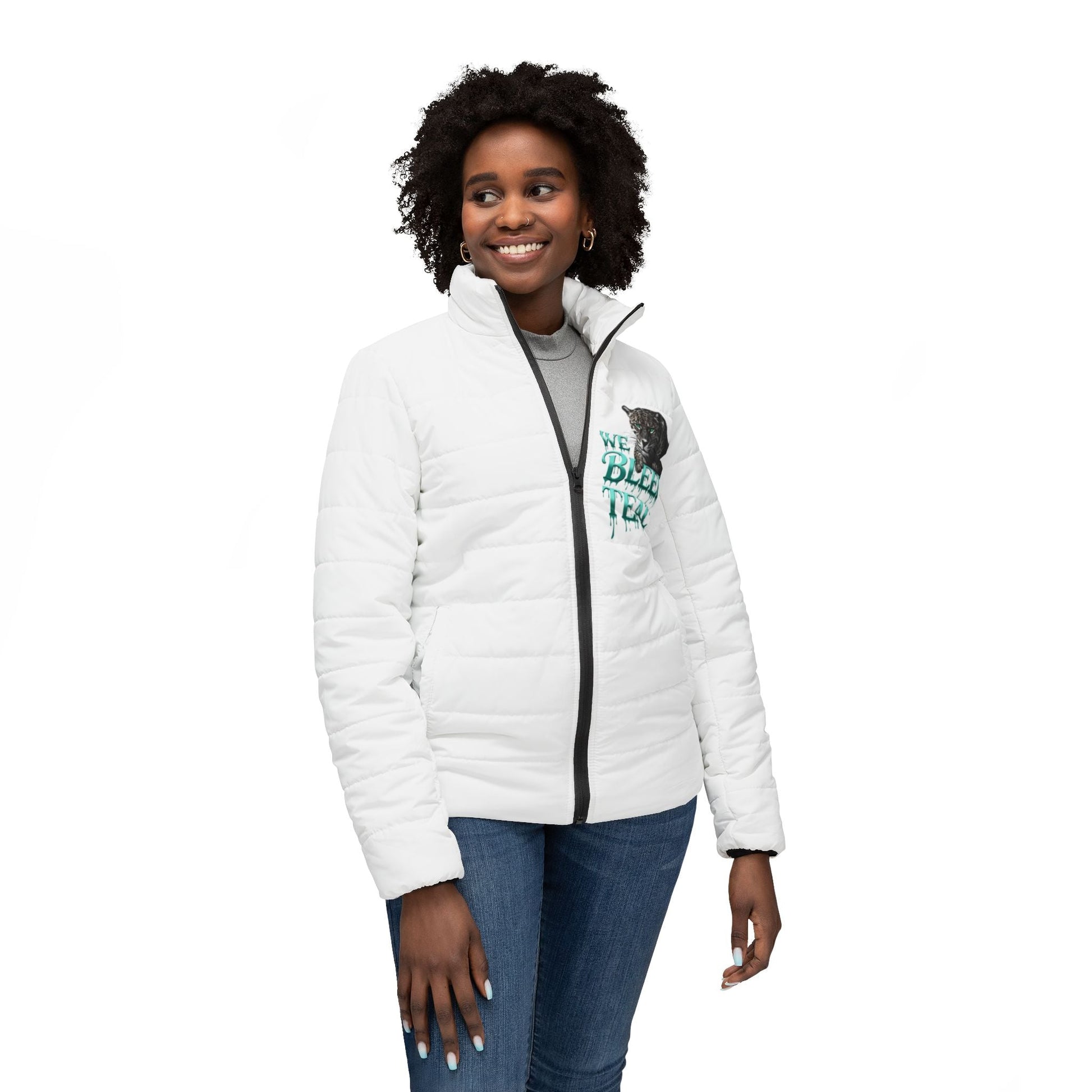 Teal Panther Puffer Jacket, Trendy Women's Outerwear, Perfect for Fall, Sports Fan Gear, Unique Gift for Her, Stylish Casual Wear Printify
