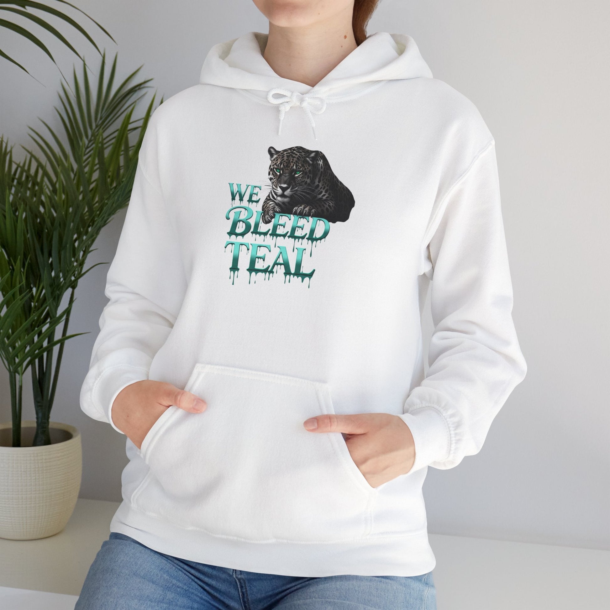 Teal Cat Hoodie, We Bleed Teal Sweater, Unisex Heavy Blend Sweatshirt, Gift for Cat Lovers, Cozy Cats Apparel Printify