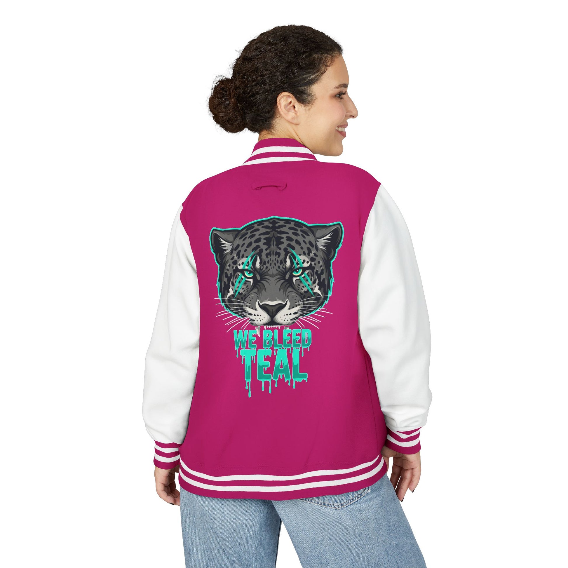 Teal Cheetah Letterman Jacket, Unisex Varsity Jacket, Stylish College Apparel, Gift for Sports Fans, Trendy Streetwear, Casual Fashion