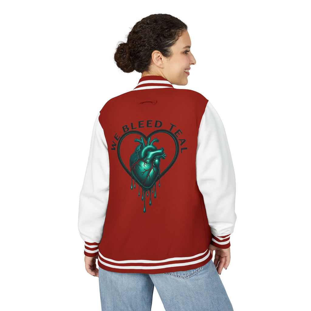 Unisex Heavyweight Letterman Jacket with We Bleed Teal Design | Comfort Wear for Game Day, Sports Events, Nostalgia Rides, [...]