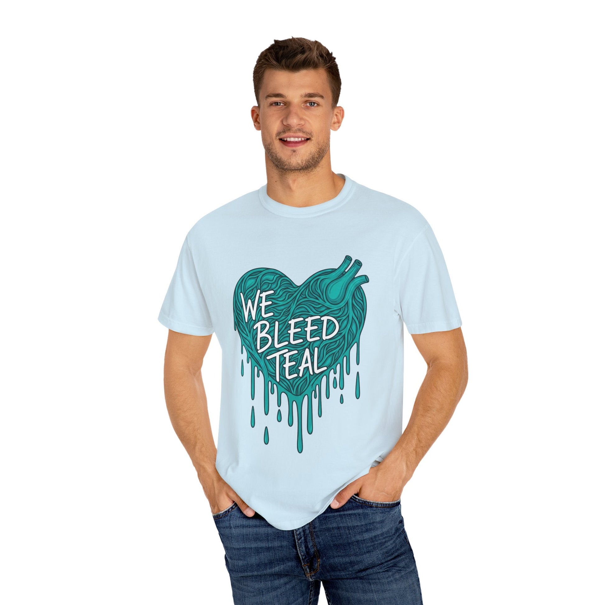 Teal Heart Awareness T-Shirt, Supportive Gift for Friends, Unisex Casual Tee, Perfect for Awareness Events, WE BLEED TEAL Design Printify